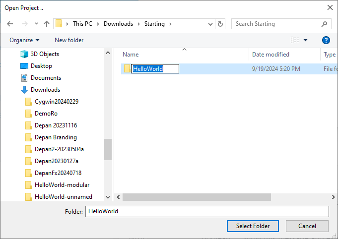 Open new folder as new project